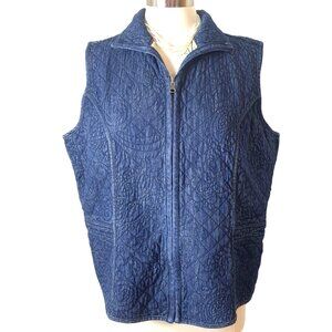 Chicos Quilted Denim Vest 3 (16) Zip Front Quilted Embroidered Jacket Western